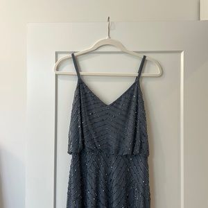 Adrianna Papell spaghetti strap beaded gown in dusty blue. US size 4